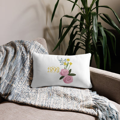Alpha Xi Delta 1893 Sorority Pillow in 20 x 12 size showing sorority flower and colors