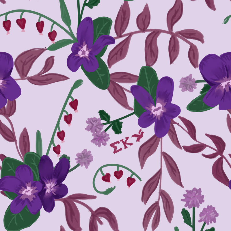 Close up view of hand drawn Sigma Kappa violet floral pattern with Greek letters