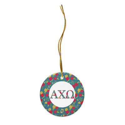 Alpha Chi Omega holiday ornament shown with gold hanging thread and filled letters