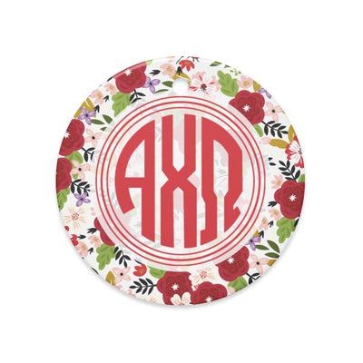 Alpha Chi Omega Ceramic Holiday Ornament shown on white background in full view