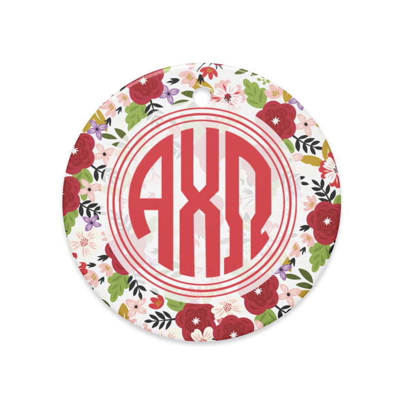 Alpha Chi Omega Ceramic Holiday Ornament shown on white background in full view