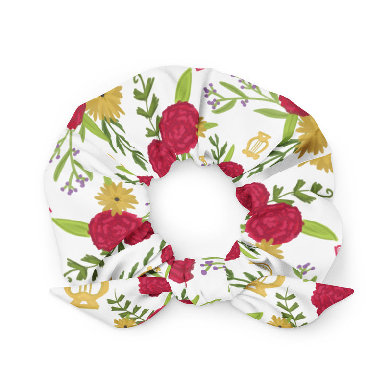 Alpha Chi Omega Carnation Floral Print Scrunchie showing bow in front