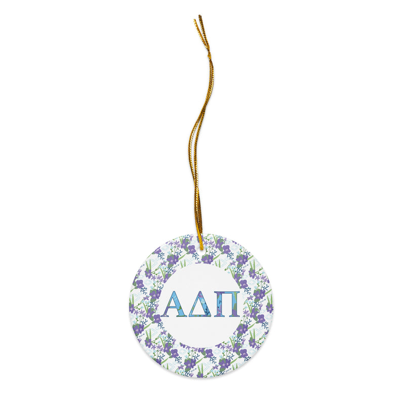 Alpha Delta Pi Holiday ornament shown with gold hanging string and filled letters