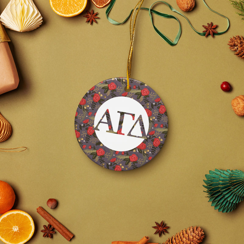 Alpha Gamma Delta Holiday Ornament shown in lifestyle setting with holiday accents