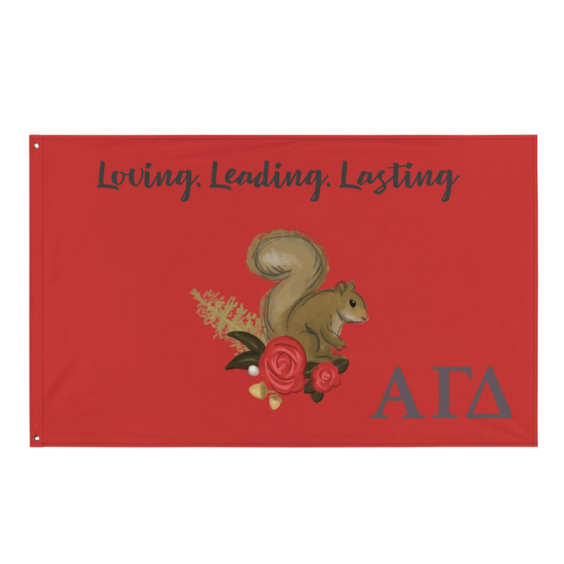 Alpha Gam Squirrel Red Mascot Flag in full view
