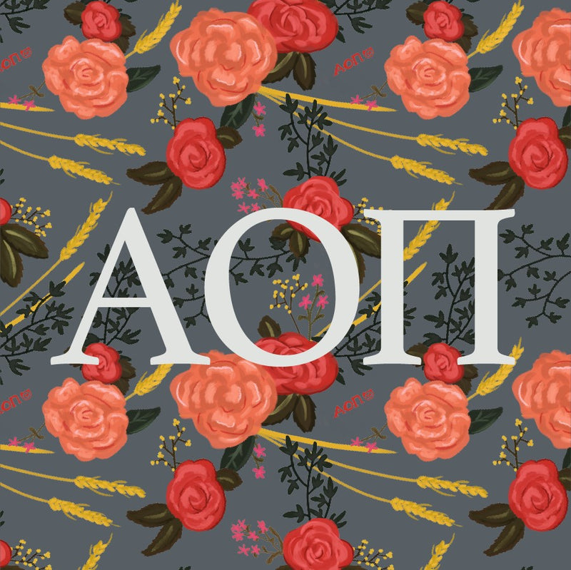 Alpha Omicron Pi Sorority Sticker with letter design over AOII rose floral print