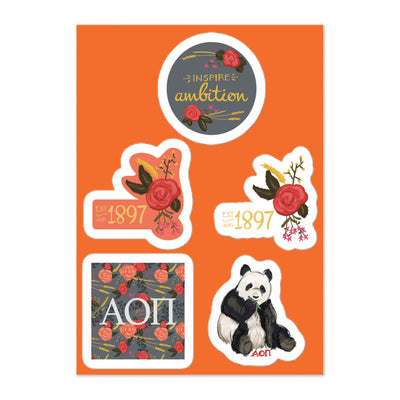 Alpha Omicron Pi Sorority Sticker Sheet in full view showing 5 AOII sticker designs