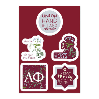 Alpha Phi Sorority Sticker Sheet containing vinyl stickers featuring the A Phi flower, letters, colors and symbols