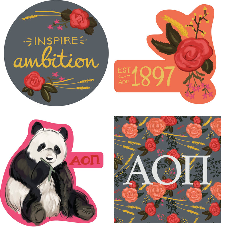 Alpha Omicron Pi Sorority Stickers in fun 4 pack with 4 unique AOII designs