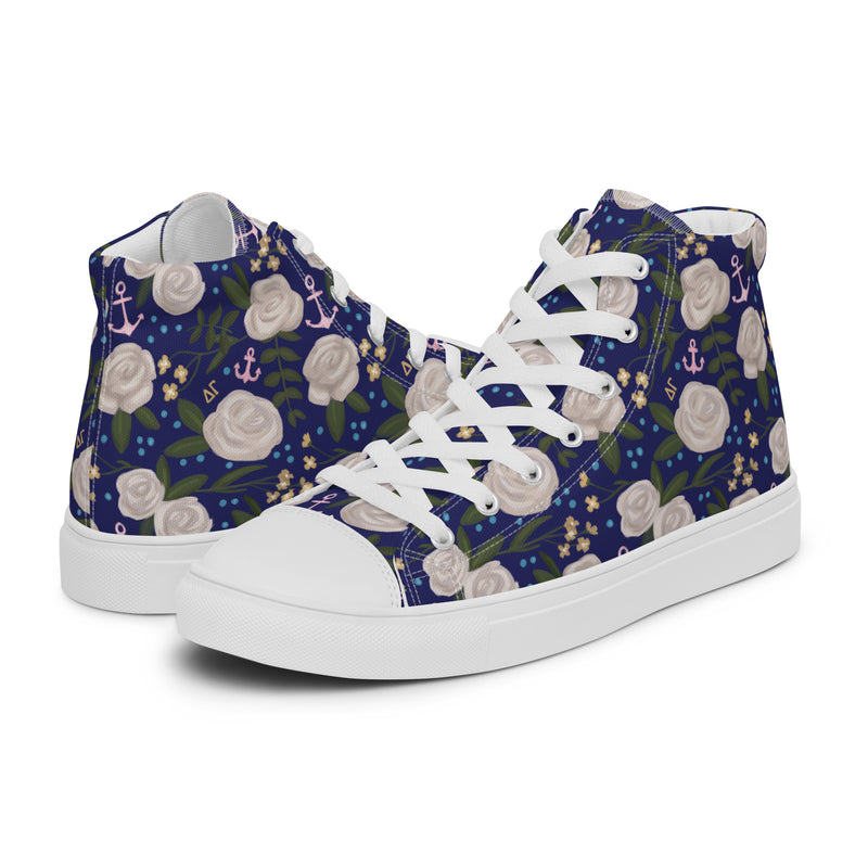 Delta Gamma Sorority High Tops in Navy blue floral print shown side by side