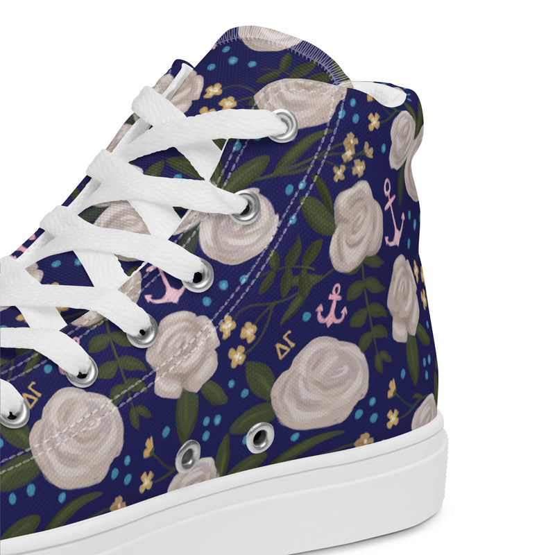 Delta Gamma Sorority High Tops in detail view of back of shoe in Navy blue