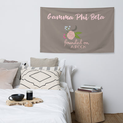 G Phi Founded on a Rock Motto Flag shown in bedroom setting