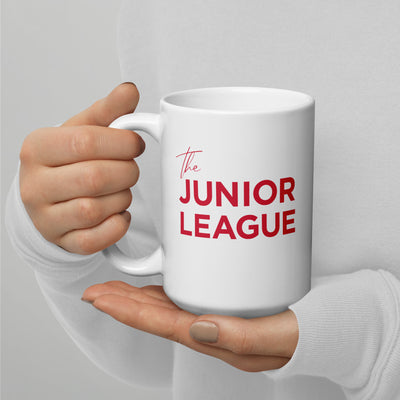  Junior League Modern Font Ceramic Coffee Mug in model's hand 