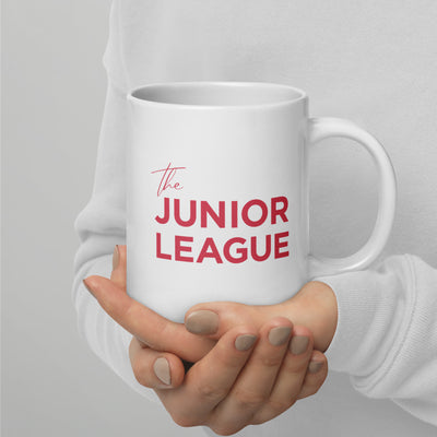 Junior League Double Sided Coffee Mug in 20 oz size in model's hand