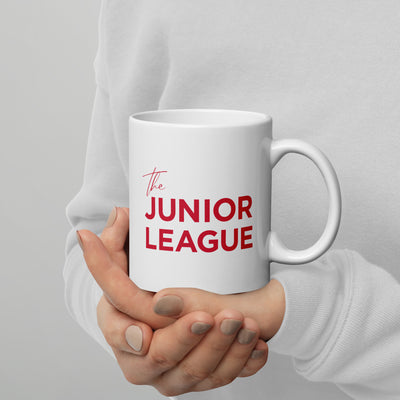  Junior League Modern Font Ceramic Coffee Mug in 11 oz size in model's hand 