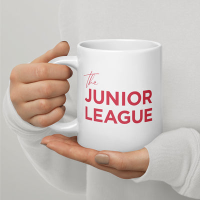  Junior League Modern Font Ceramic Coffee Mug in 20 oz size in model's hand