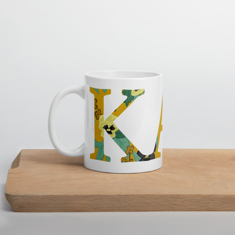 Kappa Alpha Theta Sorority Mug shown on a wood shelf
