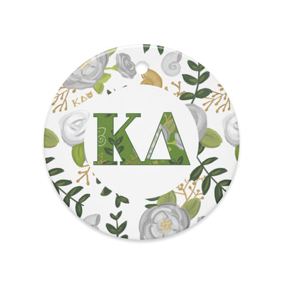 Kappa Delta Ceramic holiday ornament with filled KD letters and rose floral print accent