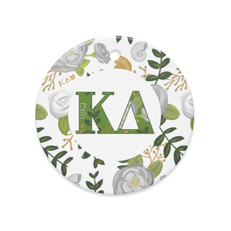 Kappa Delta Ceramic holiday ornament with filled KD letters and rose floral print accent