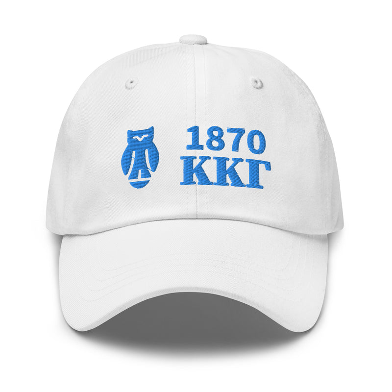 Kappa Kappa Gamma 1870 Baseball Hat in white with Cerulean blue embroidery showing 1870, owl and Kappa letters