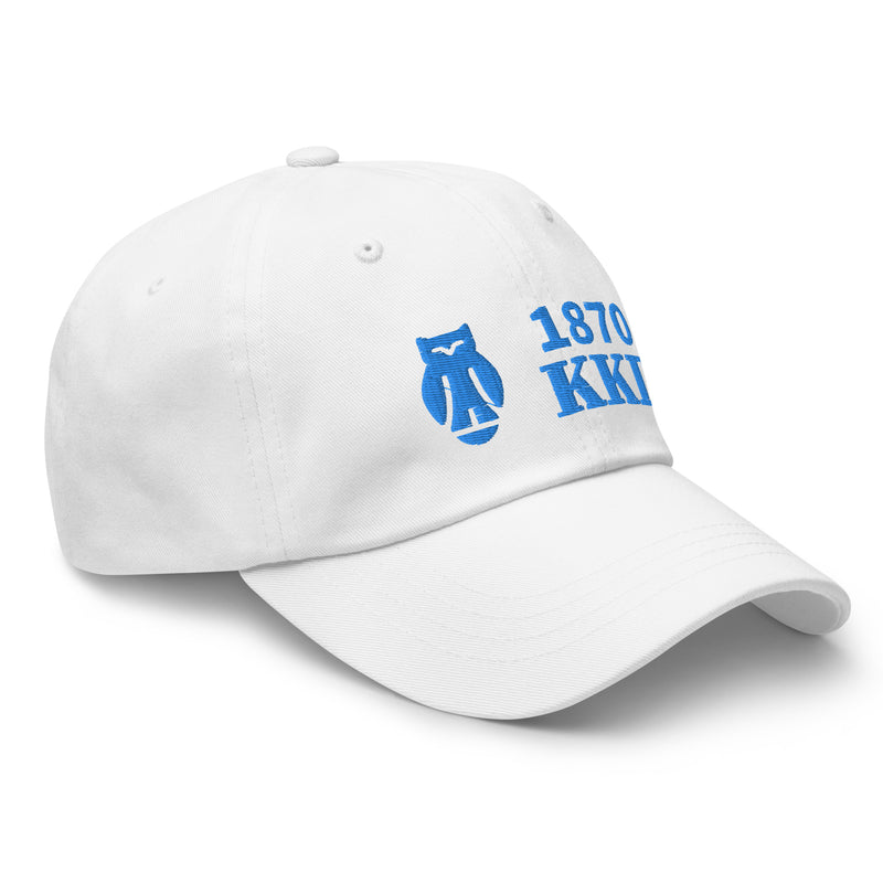 Kappa Kappa Gamma 1870 Baseball Hat in white with Cerulean blue embroidery showing 1870, owl and Kappa letters in side view