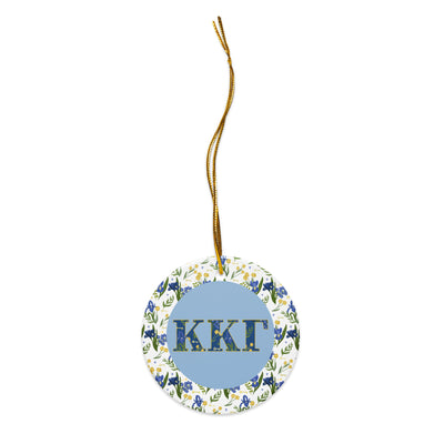 Kappa Kappa Gamma Holiday Ornament shown with gold hanging thread