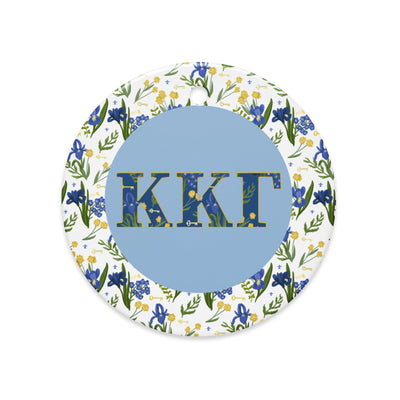 Kappa Kappa Gamma Holiday Ornament shown in full view with filled letters and floral print trim