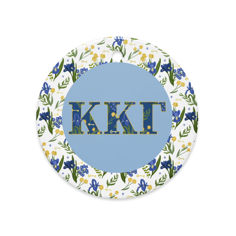 Kappa Kappa Gamma Holiday Ornament shown in full view with filled letters and floral print trim