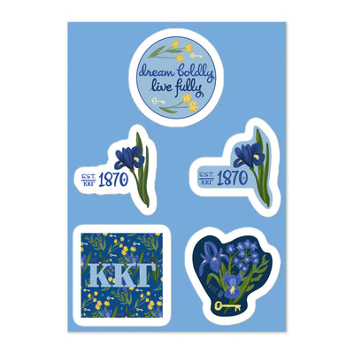 Kappa Kappa Gamma Sorority Sticker Sheet showing 5 unique designs with your Kappa letters and colors
