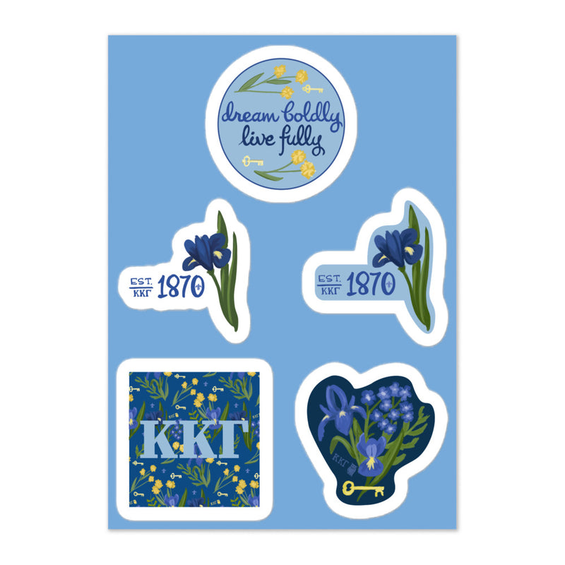 Kappa Kappa Gamma Sorority Sticker Sheet showing 5 unique designs with your Kappa letters and colors