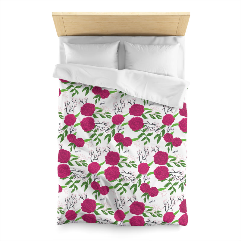 Phi Mu Sorority Duvet Cover in twin size shown in mock up with headboard by Greek Happy