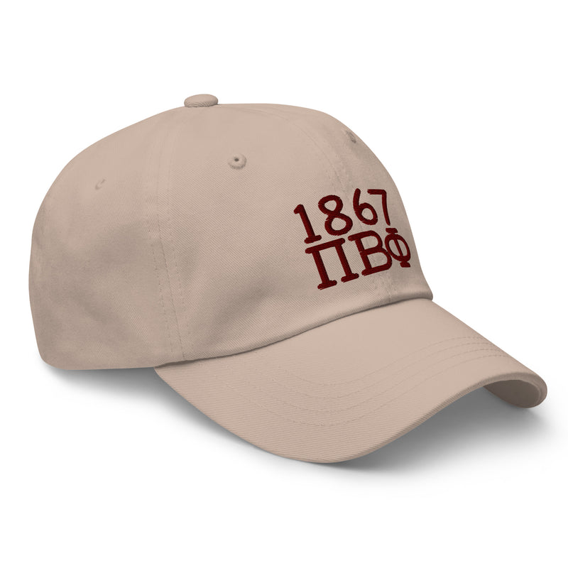 Pi Beta Phi 1867 Embroidered Baseball Hat shown in stone color in side view