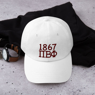 Pi Beta Phi 1867 Embroidered Baseball Hat in white shown in lifestyle setting