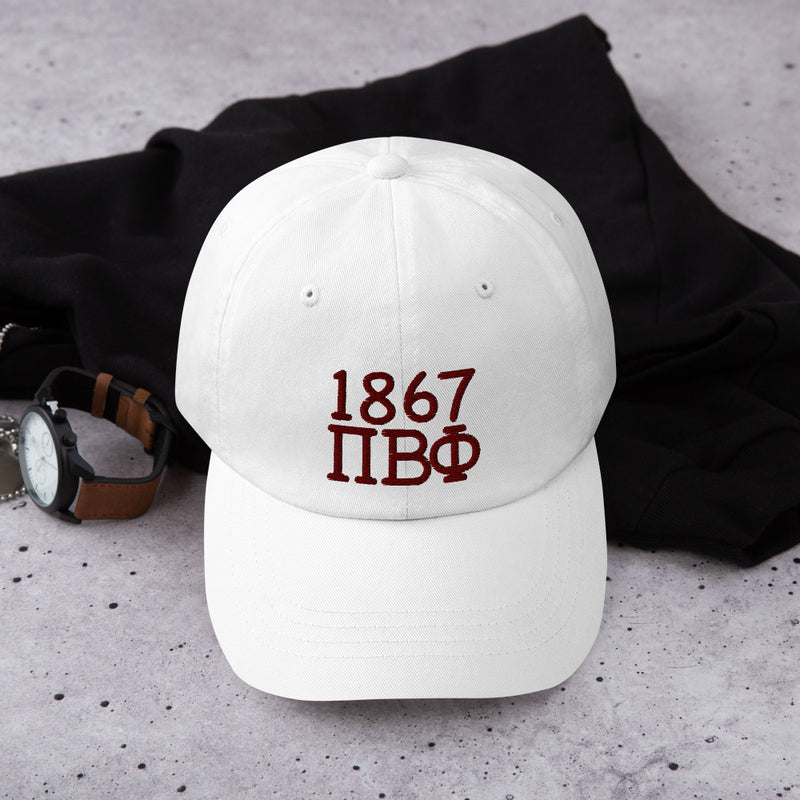 Pi Beta Phi 1867 Embroidered Baseball Hat in white shown in lifestyle setting