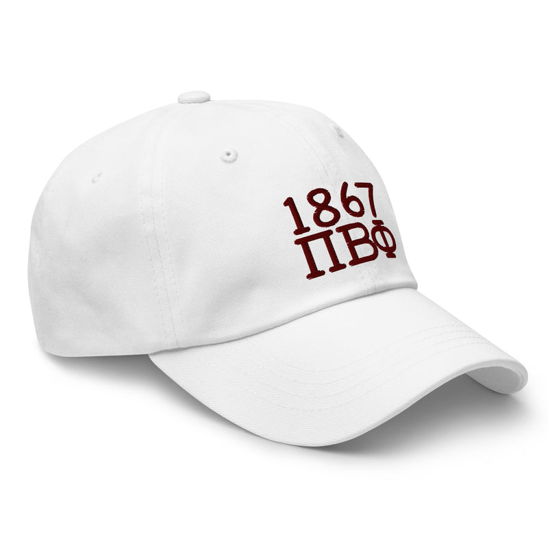 Pi Beta Phi 1867 Embroidered Baseball Hat in white shown in side view