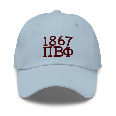 Pi Beta Phi Embroidered Dad Hat in light blue with wine colored embroidery shown in full view