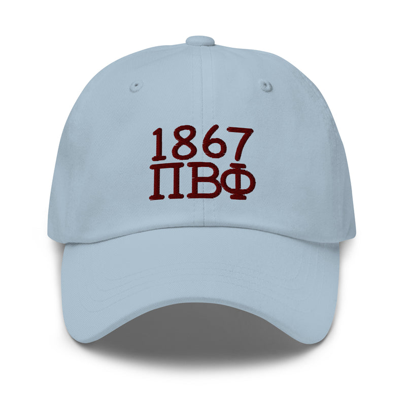 Pi Beta Phi Embroidered Dad Hat in light blue with wine colored embroidery shown in full view