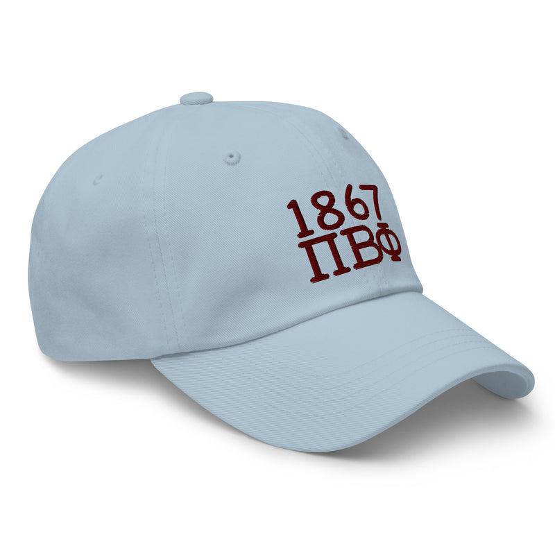 Pi Beta Phi Embroidered Dad Hat in light blue with wine colored embroidery