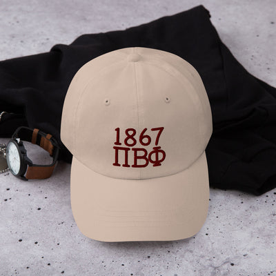 Pi Beta Phi 1867 Embroidered Baseball Hat shown in stone color in lifestyle setting