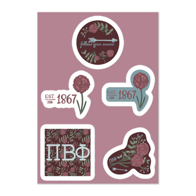 Pi Beta Phi Sorority Sticker Sheet showing  5 unique Pi Phi designs 