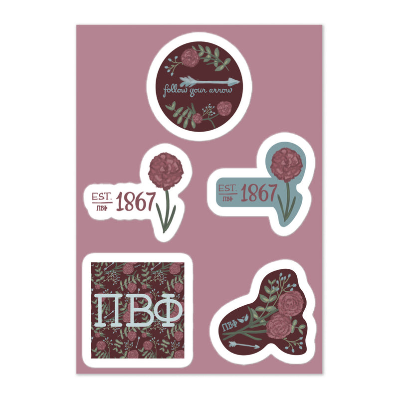 Pi Beta Phi Sorority Sticker Sheet showing  5 unique Pi Phi designs 