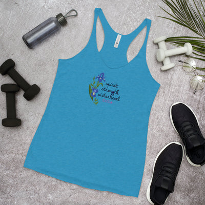 SAEPi motto Spirit Strength Sisterhood Racerback Tank top in blue in lifestyle setting