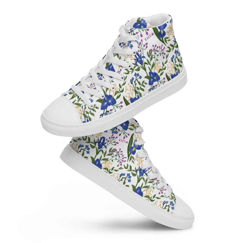 SAEPi Floral Print Canvas High Tops shown in playful stacked pose
