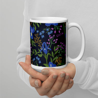 Sigma Alpha Epsilon Pi Floral Print Mug in 15 oz size shown in model's hands