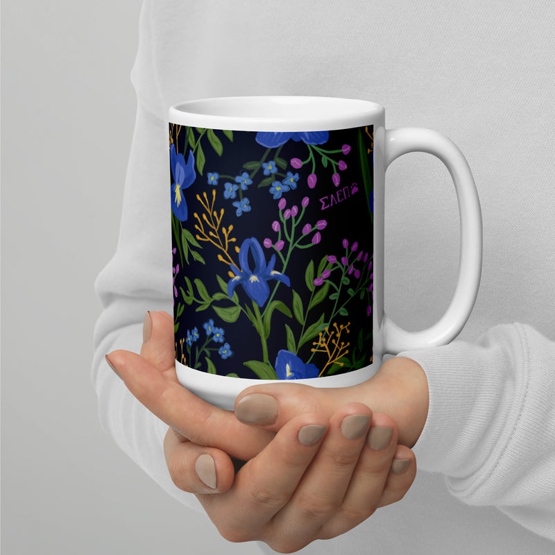 Sigma Alpha Epsilon Pi Floral Print Mug in 15 oz size shown in model&