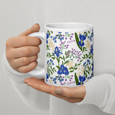 Sigma Alpha Epsilon Pi White Floral Mug in 20 oz size with handle on left