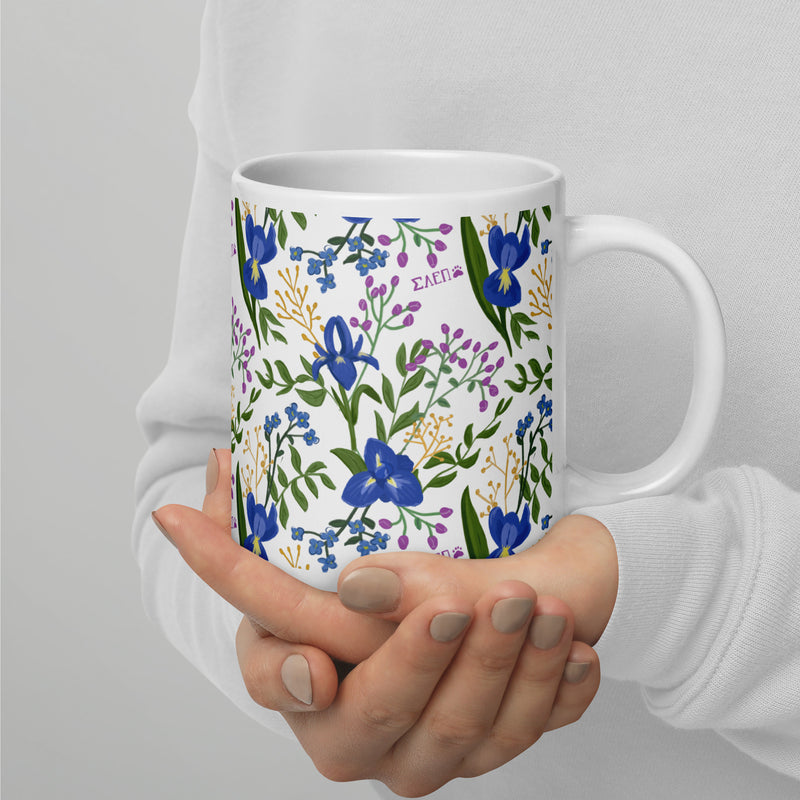 Sigma Alpha Epsilon Pi White Floral Mug in 20 oz size with handle on right
