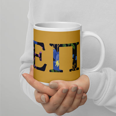 Sigma Alpha Epsilon Pi Letters Mug in 20 oz size shown in model's hands in gold