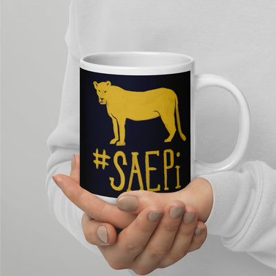 Sigma Alpha Epsilon Pi Lioness Mug in dark blue with gold design 