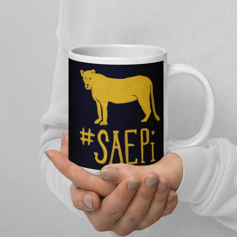 Sigma Alpha Epsilon Pi Lioness Mug in dark blue with gold design 